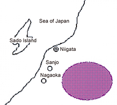 Location of basins of the Kariyata River and Ikarashi River, Niigata Prefecture Area of flooding caused by torrential rains in July 2004