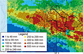 Example of 1-km mesh rainfall from radar rain gauge measurement Area around the Kariyata River (left thick line) and Ikarashi River (right thick line) 
basins in Niigata Prefecture, July 12 and 13, 2004 (click to enlarge).