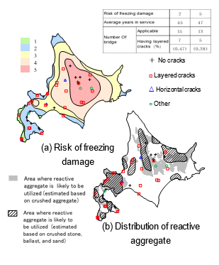 click to enlarge Figure 3 Distribution of layered cracks with respect to the risk of freezing damage and to the distribution of reactive aggregate