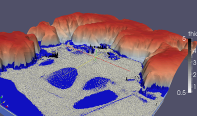 click to enlarge Figure 1 Calculation based on a simulation of tsunami and sea ice run-up (The simulation technique is under development; the height of sea ice pileup is shown in gray scale.)