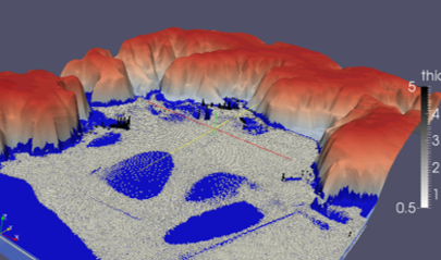 Figure 1 Calculation based on a simulation of tsunami and sea ice run-up (The simulation technique is under development; the height of sea ice pileup is shown in gray scale.)