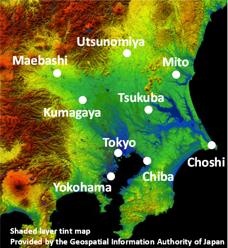 Figure 2 Nine points on the Kanto Plains used for the estimation of snowfall amounts