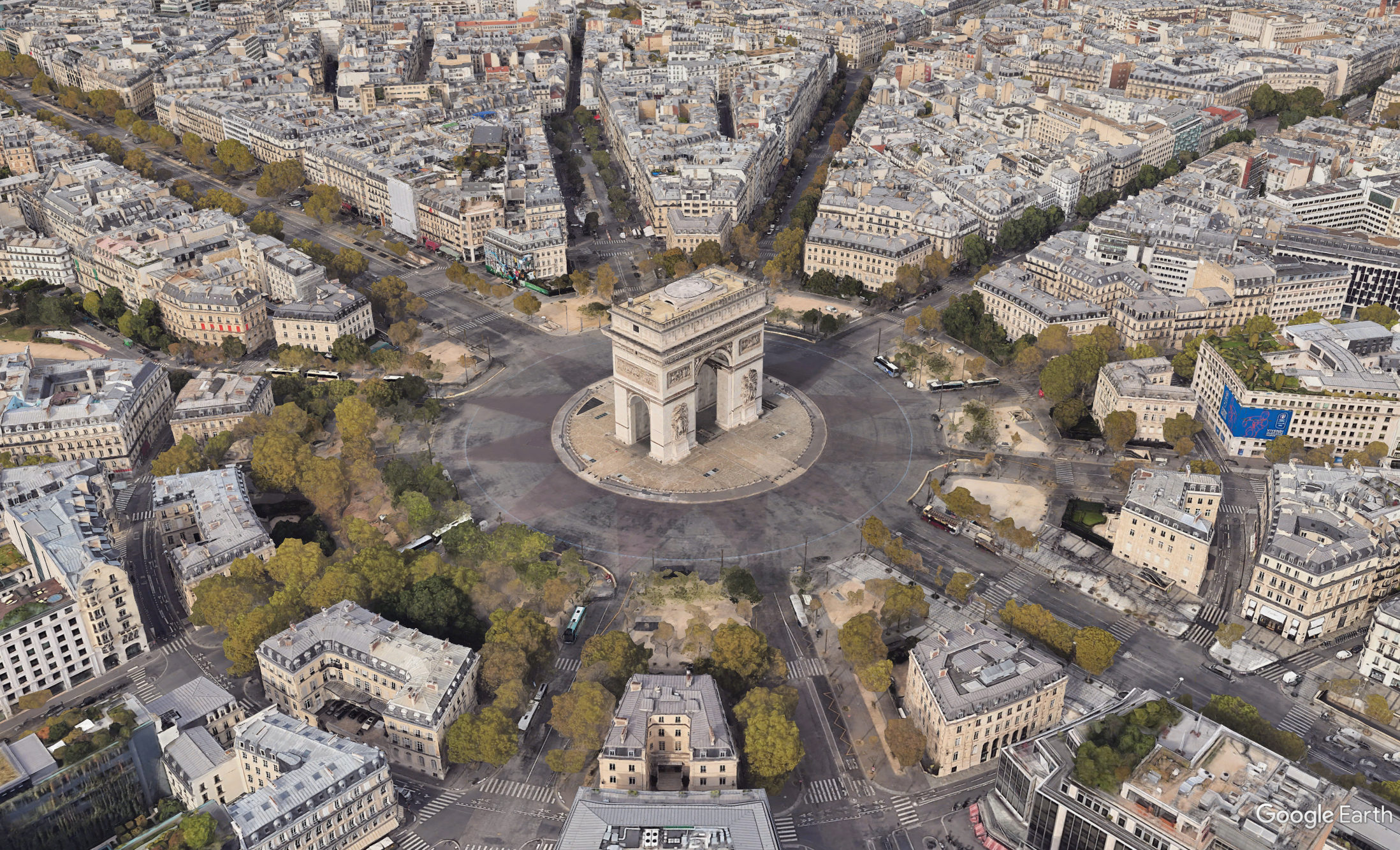 click to enlarge Photo 1<br> Roundabout at the Arc de Triomphe</b> <br>(from Google Earth)