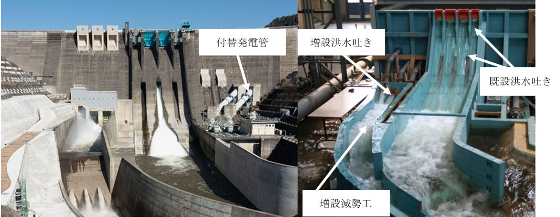 図－3　改造後の鶴田ダムと水理模型実験（現地写真：九州地方整備局川内川河川事務所提供）