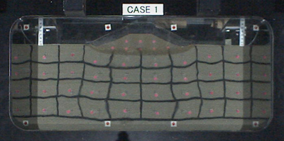 地震動波形を入力し液状化によって沈下が発生した河川堤防模型の様子