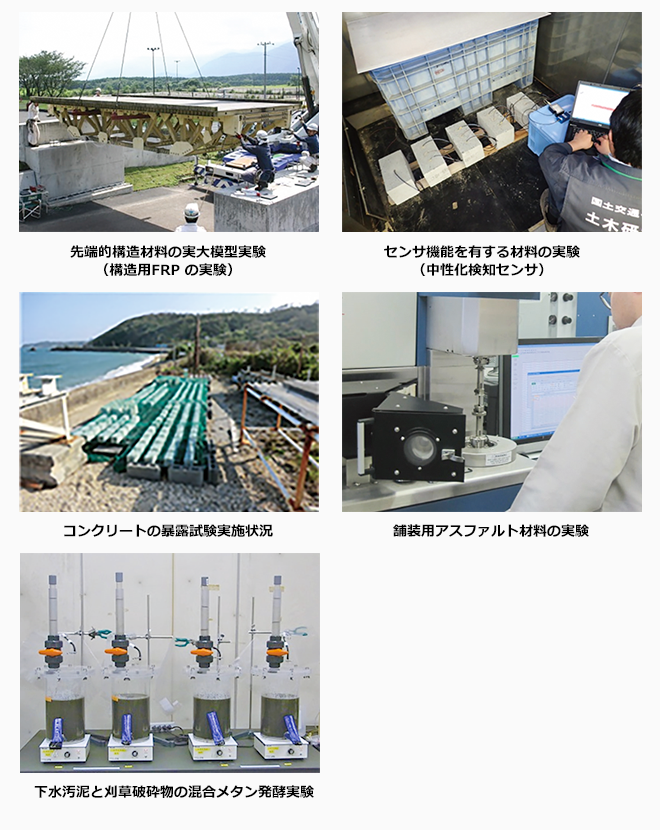 先端的構造材料の実大模型実験（構造用FRP の実験）、センサ機能を有する材料の実験（中性化検知センサ）、コンクリートの暴露試験実施状況、舗装用アスファルト材料の実験、下水汚泥と刈草破砕物の混合メタン発酵実験