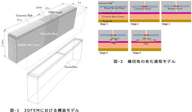 図-1　3DFEMにおける構造モデル　図-2　横目地の劣化過程モデル